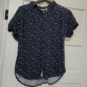 Navy Blue Short Sleeve Blouse with Floral Pattern
